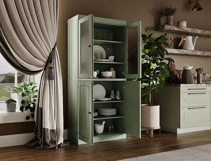Palace Imports 100% Solid Wood Kitchen Pantry w/ 2 Frosted Glass Doors &Bottom Wooden Storage Cabinet, Sage, 32" w x 71.5" h, Renewable Eco-Friendly Wood, Made in Brazil