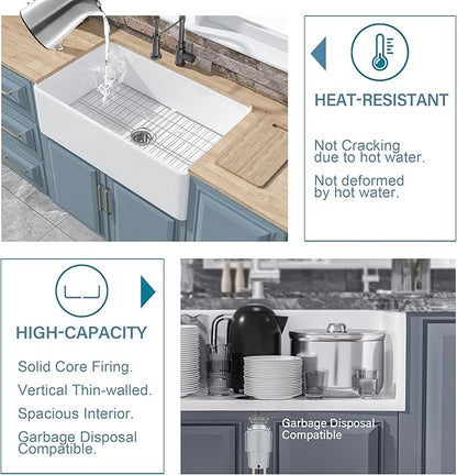 White Farmhouse Sink 33 x 20 Inch, Large Firecaly Apron Front Undermount Farm Sink Heavy Duty Deep Single Bowl, with Custom Accessories 2 Types, Pure White, for Kitchen