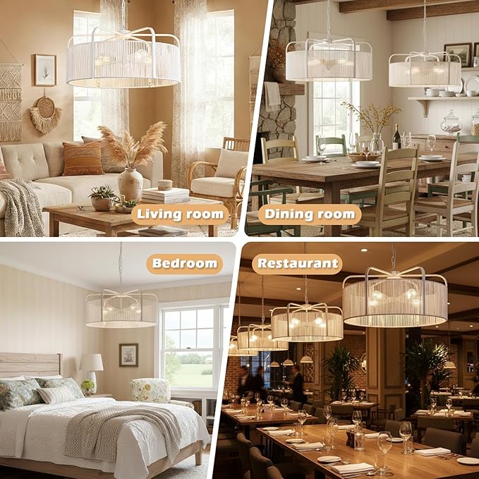 24” Rattan Chandelier, 5-Light Large Hand Woven Boho Chandelier with Fabric Shade, Farmhouse Light Fixtures for Dining Room & Kitchen Island (White, 24")