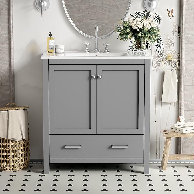 GDFStudio 30" Bathroom Vanity Sink Combo with 1 Drawers & 2 Soft Closing Doors Floor Mount Freestanding Wood Bathroom Storage Cabinet Set with Ceramic Basin Sink Top for Small Bathroom Space, Green