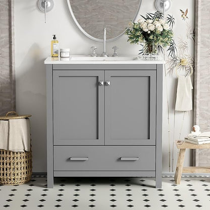 GDFStudio 30" Bathroom Vanity Sink Combo with 1 Drawers & 2 Soft Closing Doors Floor Mount Freestanding Wood Bathroom Storage Cabinet Set with Ceramic Basin Sink Top for Small Bathroom Space, Green