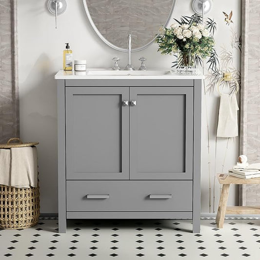 GDFStudio 30" Bathroom Vanity Sink Combo with 1 Drawers & 2 Soft Closing Doors Floor Mount Freestanding Wood Bathroom Storage Cabinet Set with Ceramic Basin Sink Top for Small Bathroom Space, Green