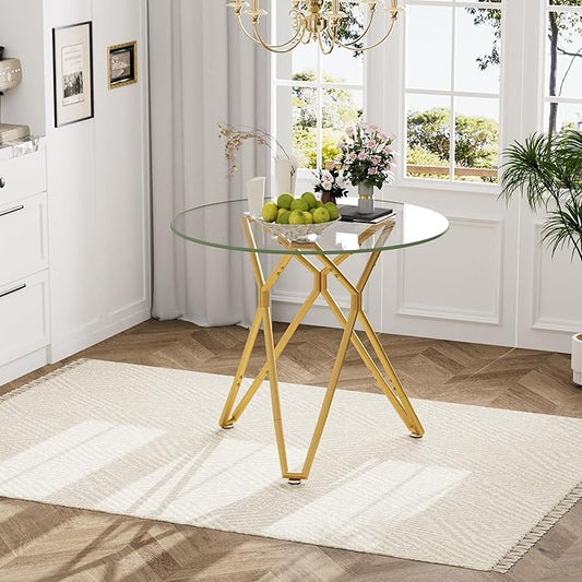 Glass Dining Table,35.4'' Round Dining Kitchen Table,Modern Dining Room Table with Gold Metal Base for Dining Room (Gold,35.4'')