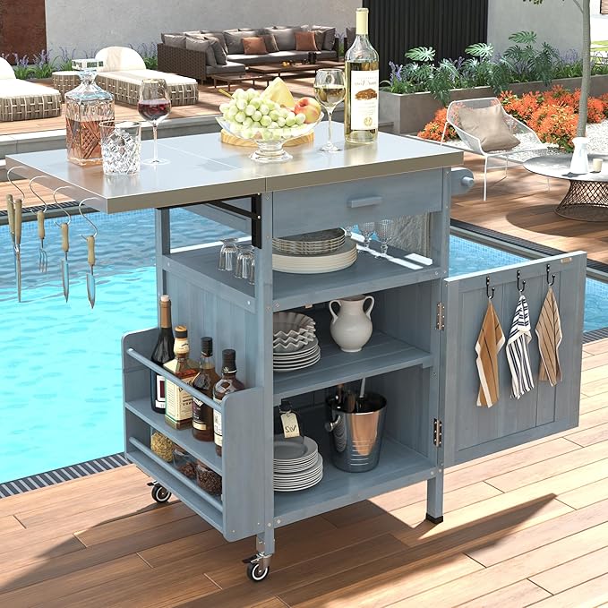 YOPTO 40.5" Outdoor Grill Cart,Stainless Steel Top,Fir Wood Cabinet,Drop Leaf,Lockable Wheels,Ample Storage,Towel Rack,Spice Rack,Bottle Opener,Blue Grey