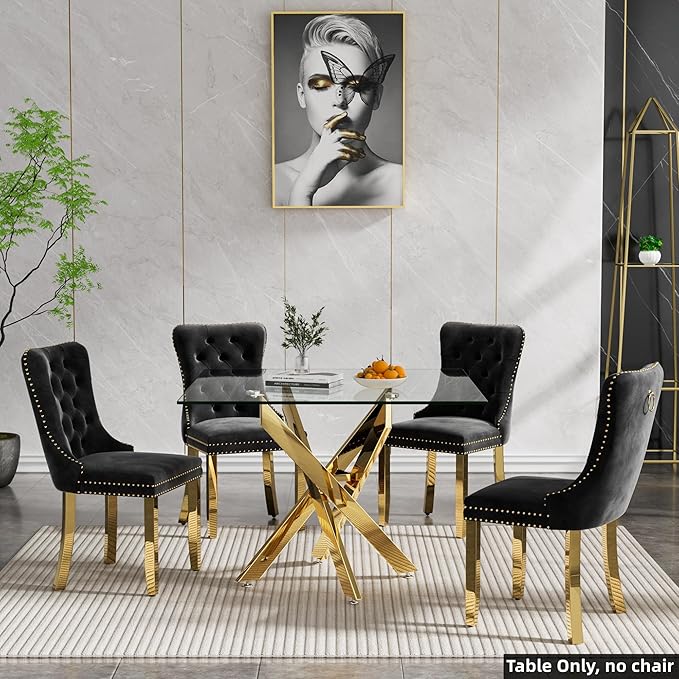 SSLine 35.4" Square Glass Dining Table for 2-4 Modern Clear Glass Tabletop Kitchen Table for 4 Luxury Dinner Tables with Gold Metal Legs for Home Kitchen Dining Room(Table Only)
