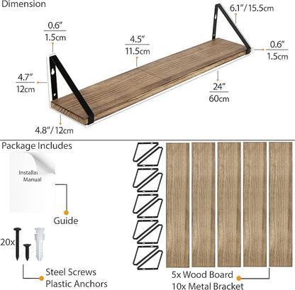 Wallniture Ponza 24" Floating Bookshelf, Wood Floating Shelves for Wall Storage, Rustic Wall Shelves for Bedroom, Living Room, Bathroom, Kitchen Set of 5