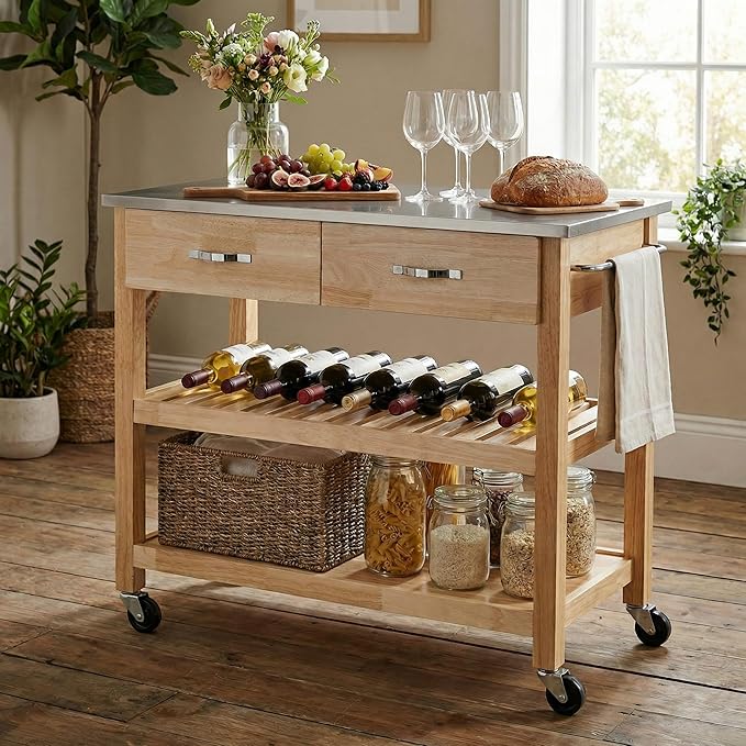 Casaphoria Amanda Collection Solid Wood Kitchen Island, 42" Butcher Block Cart with Stainless Steel Top & Locable Wheels, Prep Table for Small Spaces (Natural)