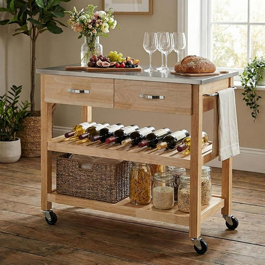 Casaphoria Amanda Collection Solid Wood Kitchen Island, 42" Butcher Block Cart with Stainless Steel Top & Locable Wheels, Prep Table for Small Spaces (Natural)