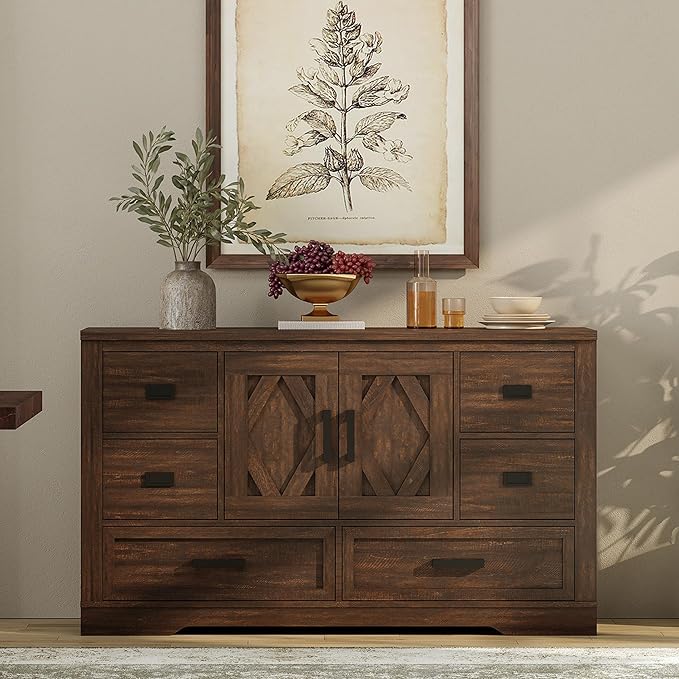 WAMPAT 54" W Large Sideboard Buffet Cabinet with Storage,Wood Farmhouse Sideboard Table with Barn Doors and Drawers for Kitchen,Dining Room,Coffee Bar,Dark Brown