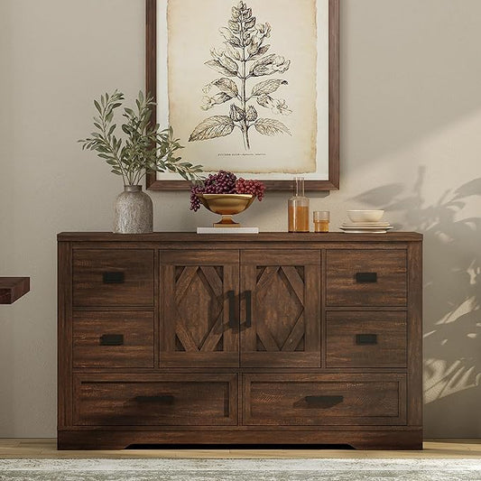 WAMPAT 54" W Large Sideboard Buffet Cabinet with Storage,Wood Farmhouse Sideboard Table with Barn Doors and Drawers for Kitchen,Dining Room,Coffee Bar,Dark Brown
