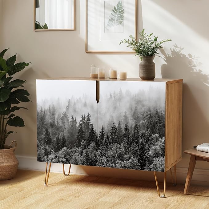 SIGNWIN Sideboard Buffet Cabinet, Kitchen Storage Cabinet with 2 Doors, Duotone Misty Foggy Mountain Forestra, Cupboard Console Table for Dining Room - 35" L x 18" W x 29" H
