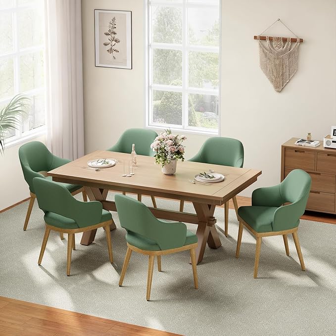MALOL Wooden Dining Chairs Set of 6, Modern Fabric Upholstered Dining Room Chair, Kitchen Side Chairs, Farmhouse Dinner Chair with Open Back for Kitchen, Green