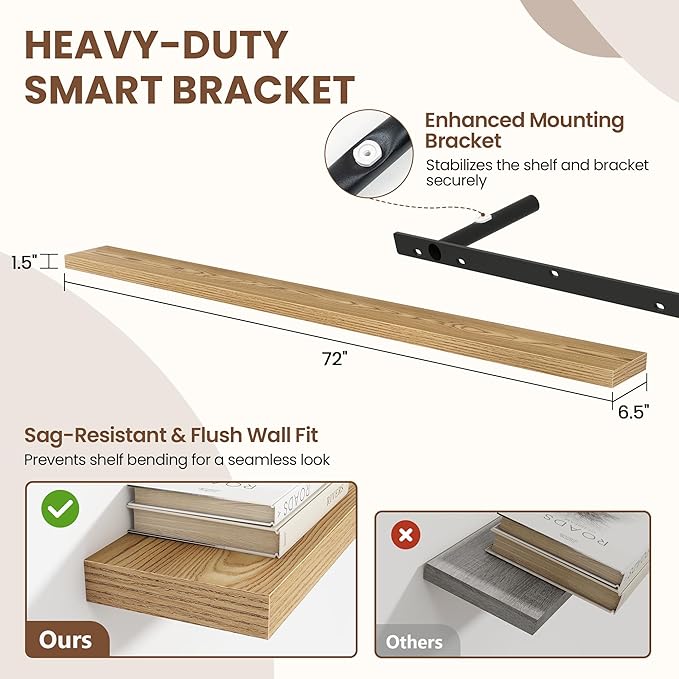 Acovy 72 Inch Floating Shelves for Wall 1 Pack, 72" Wall Shelves for Books, Storage, Decor, Wall Mounted Floating Shelf with Invisible Brackets for Kitchen, Living Room, Light Brown