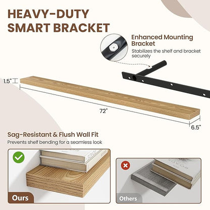 Acovy 72 Inch Floating Shelves for Wall 1 Pack, 72" Wall Shelves for Books, Storage, Decor, Wall Mounted Floating Shelf with Invisible Brackets for Kitchen, Living Room, Light Brown