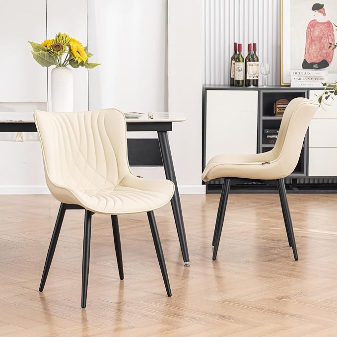 Kidol & Shellder Dining Chairs Set of 2, Mid Century Modern Kitchen Chairs with Black Metel Legs, PU Leather Upholstered Side Chair for Dining Room, Living Room, Lounge, Restaurant, Beige