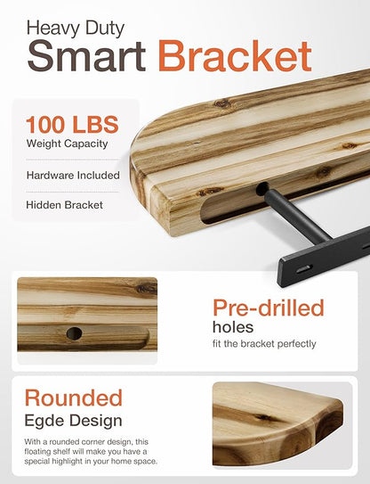BATODA 17" Acacia Wood Floating Shelves Wall Mounted (Round Edge) – Rustic Farmhouse Wooden Wall Storage Shelf for Bedroom, Kitchen - Brackets and Shelving Hardware Included