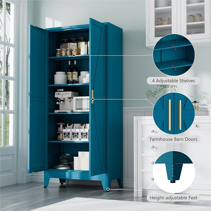Bevivog 71" Tall Storage Cabinets, Farmhouse Metal Cabinet Bookshelf with 2 Doors and 4 Adjustable Shelves, Blue Kitchen Pantry Cabinets for Kitchen Living Room, Home Office, Laundry, Bathroom