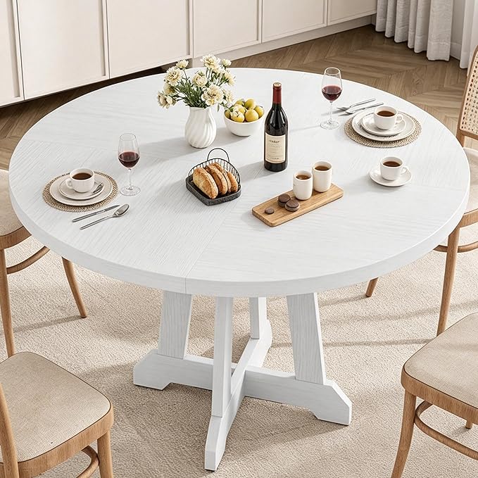 GarveeHome Round Dining Table for 4, 47 Inches Dining Room Table with Wooden Base, Kitchen Table with Circle Tabletop, Dinner Table for Dining Room, Kitchen, Living Room, White