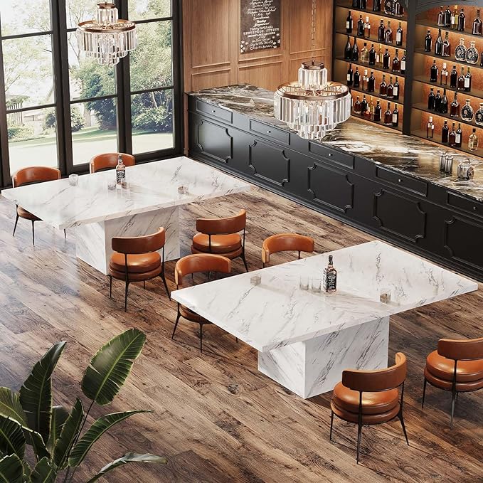 HSH White Faux Marble Dining Table, 63 inch Modern Dinner Table for 6 people, Farmhouse Rectangle Kitchen Table for Living Room, Large Wood Dining Room Tables with strong Pedestal, White Marble, 63 In