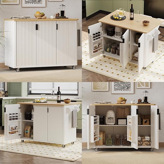 GOWE K&K 51" Fluted Kitchen Island with Drop Leaf, Farmhouse Accent Kitchen Island on Wheels with Internal Storage Rack, Rolling Kitchen Cart with Towel Rack for Kitchen, Dining Room, White Ash
