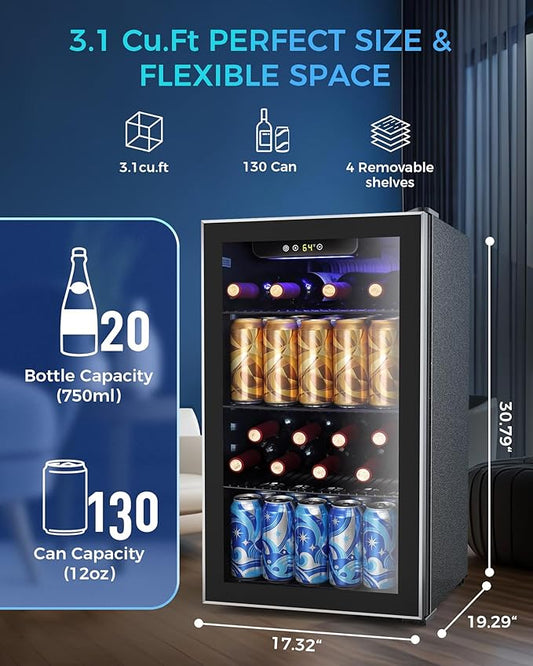 Electactic Mini Fridge 130 Can Beverage Refrigerator Cooler, 3.1 Cu.Ft Drink Fridge for Soda Wine Beer, Adjustable Temperature Control for Home Office, Black