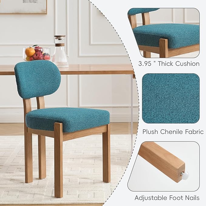 Chenille Dining Chairs Set of 4, Comfy Upholstered Dining Room Chairs Mid Century Modern Farmhouse Fabric Kitchen Chairs with Rubber Wood Legs for Dining Room Kitchen Island Home (Teal)