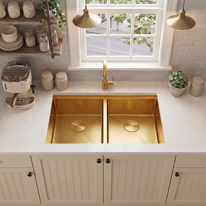 MILOSEN 30x18 Inch Gold Undermount Kitchen Sink, 50/50 Gold Double Bowl Workstation Sink with Integrated Ledge & Accessories,10''Large and Deep T304 Stainless Steel Handmade Sinks