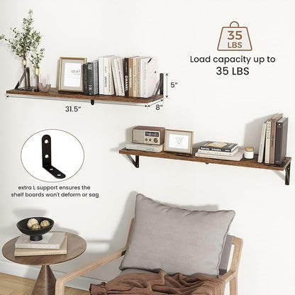 Axeman 32 Inch Floating Shelves | 8 Inch Deep Brown Wood Wall Shelves Set of 2 | 31.5" W x 8" D Rustic Brown Floating Shelves for Bathroom Kitchen Living Room