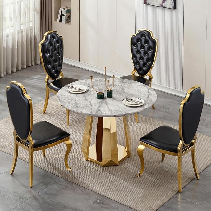 47" Round Marble Dining Table for 4-6, Luxury Modern Kitchen Table with Marble Grain MDF Tabletop & Gold Mirrored Stainless Steel Pedestal Base, Grey Stone Dinner Table for Dining Room (Table Only)