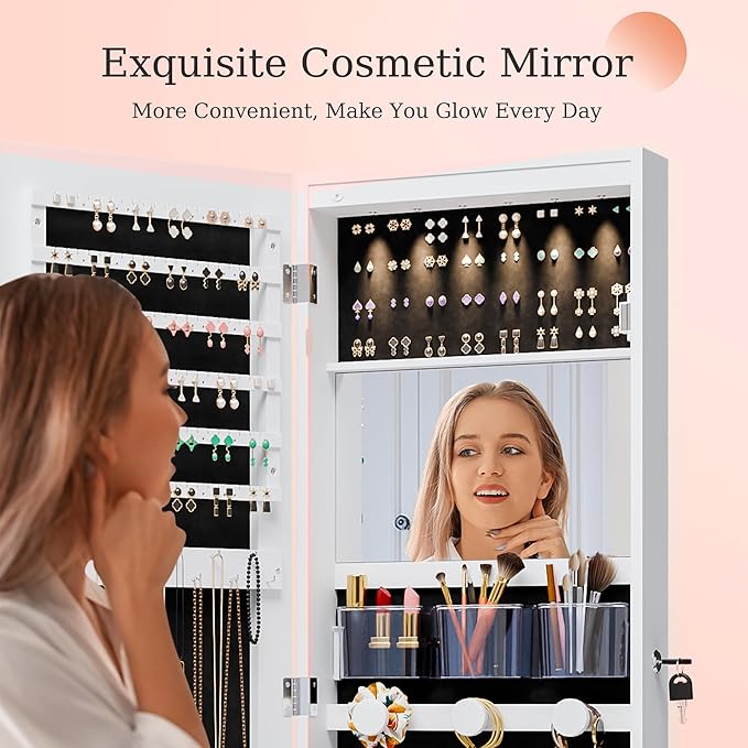 Unisakey Mirror Jewelry Cabinet,Lockable Wall or Door Mounted Jewelry Armoire Organizer With Built-up Mirror,LED Lights, Drawers,Cosmetic Trays,Shelves, 14.4"x3.15"x 43.1"（White）