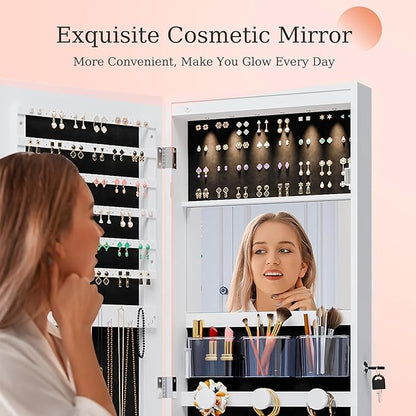 Unisakey Mirror Jewelry Cabinet,Lockable Wall or Door Mounted Jewelry Armoire Organizer With Built-up Mirror,LED Lights, Drawers,Cosmetic Trays,Shelves, 14.4"x3.15"x 43.1"（White）