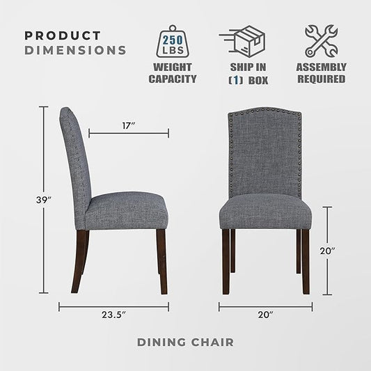Lexicon Upholstered Dining Chairs Set of 2 - Soft Durable Fabric Armless Arched Back Kitchen Modern Dining Room Chairs for 2, Nailhead Trim Side, Brown Sturdy Wooden Frame, Easy Assembly, Gray