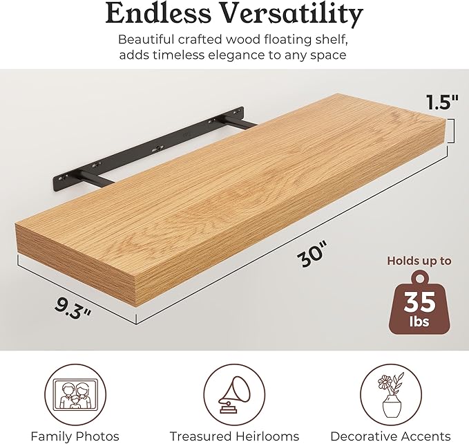 Floating Shelves for Wall, 9.3" Deep Wall Mounted Wood Shelves for Bathroom, Bedroom, Living Room, Kitchen, Hanging Shelf for Books/Storage/Room Decor (Oak, 30")