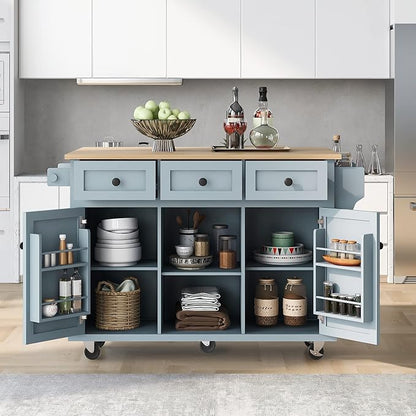 Kitchen Island with Storage and 3 Drawers on Wheels, Rolling Kitchen Cart with Wooden Drop-Leaf Countertop and Towel Rack, Adjustable Shelf Inside Cabinet,Gray Blue