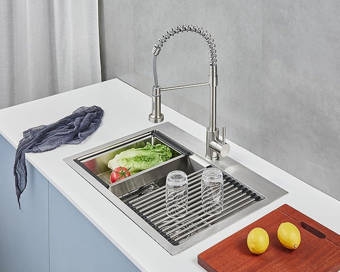 25-inch Workstation Kitchen Sink Drop In, 25x18 Inch 18 Gauge Stainless Steel Topmount Kitchen Sink Single Bowl with Cutting Board& Strainer