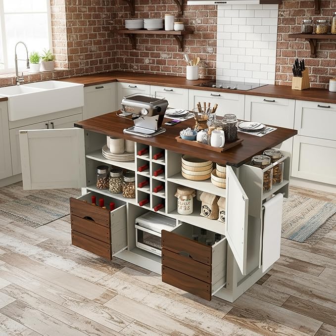 54" Farmhouse Kitchen Island Table with Drop Leaf, Power Outlet, Kitchen Storage Cart with 2 Doors, 2 Drawers, Rolling Kitchen Island on 4 Large Wheels with Spice Rack for Kitchen, Dining Room, White