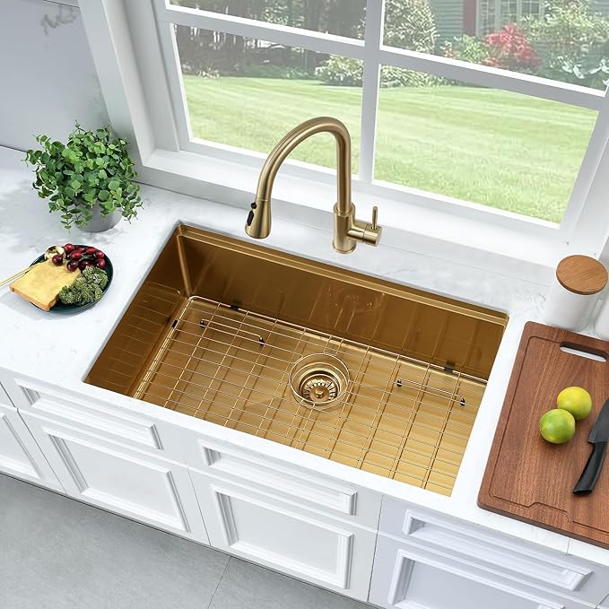 30 Inch Undermount Gold Kitchen Sink-Bokaiya Stainless Steel Undermount Workstation Sink 16 Gauge 10 Inch Deep Single Bowl Undermount Kichen Sink with Cutting Board