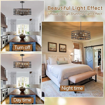 Bargeni Chandeliers,20 Inch Dining Room Light Fixture,Matte Black Dining Room Chandelier with Wood-Like Interior,5-Light Farmhouse Chandelier for Kitchen Island,Living Room,Foyer,Stairway