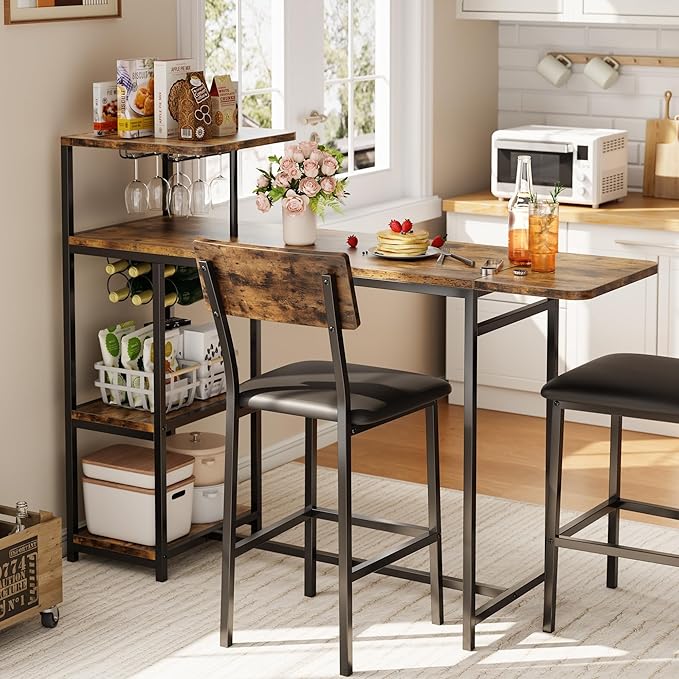 GAOMON 3-Piece Dining Set, Bar Table and Chairs Set for 2, High Top Table and Upholstered Chairs with Storage Shelves, Breakfast Nook, Bar Pub Set for Kitchen, Home Bar, Small Space