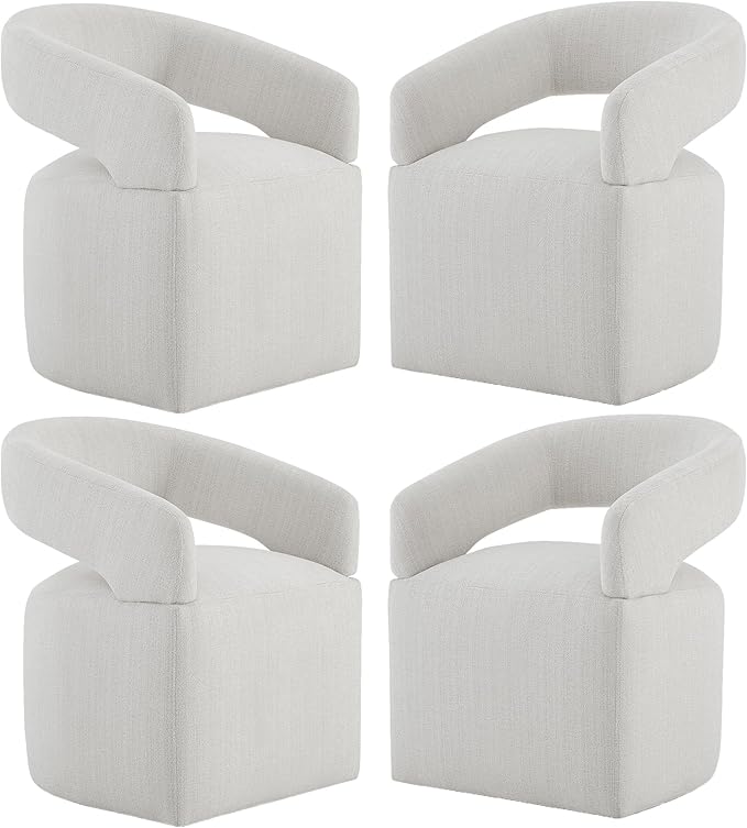 KISLOT Upholstered Dining Chairs with Casters, Modern Barrel Side Armchair with Rollers for Dining Room, Bedroom, Kitchen, Reading Room, Linen Fabric, Set of 4