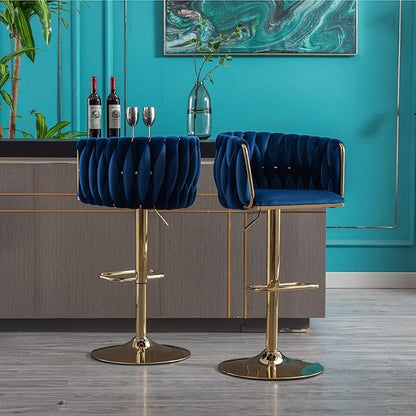 Rhomtree 24-32 Inch Swivel Bar Stools, Adjustable Counter Height Barstools with Nailheads Trim, Velvet Woven Tufted Back and Golden Footrest, Upholstered Bar Chairs Bar Kitchen Island(Navy Set of 8)
