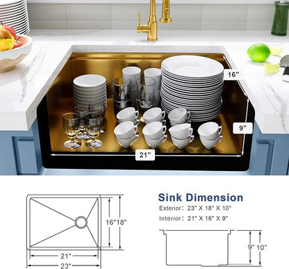 Gold Undermount Kitchen Sink 23 inch,Single Bowl Undermount Sink 16 gauge Stainless Steel,Workstation Kitchen Sinks with Gold Accessories (23" X 18")