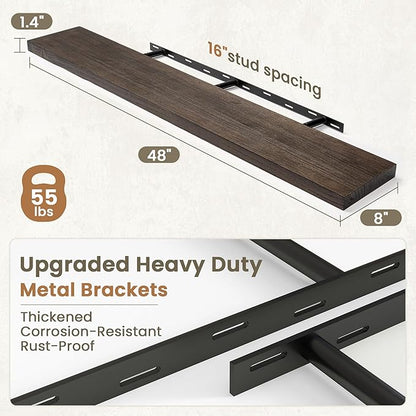 Fun Memories Solid Elm Wood Floating Shelves Set of 1-48 Inch Rustic Wall Shelves with Heavy-Duty Invisible Brackets - for Living Room, Kitchen, Bedroom, Bathroom - Walnut Finish