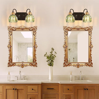Vintage Bathroom Vanity Light, 2 Light Bathroom Lighting Fixtures Over Mirror, Mid Century Style Farmhouse Light Fixtures with Green Glass Shades, Black Finish Wall Mount for Bedroom , Living Room