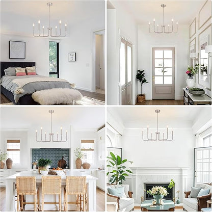 6-Light Farmhouse Chandelier for Dining Room Lighting Fixtures Hanging, Brushed Nickel Candle Chandelier, Rustic Industrial Modern Chandelier for Living Room, Bedroom, Foyer, Kitchen