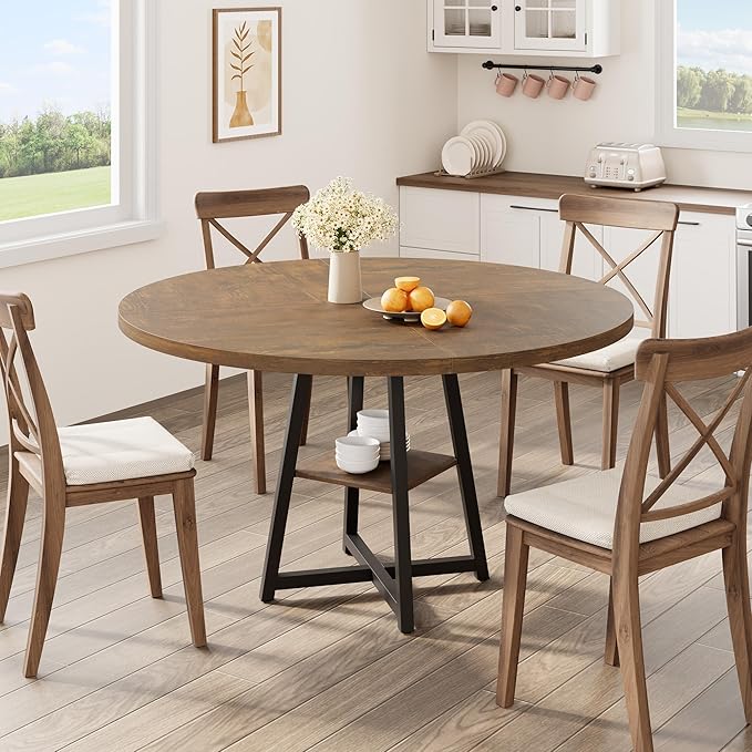 Garvee 47.2 in Round Dining Table for 4-6 People, Industrial Round Kitchen Table with Sturdy Metal Pedestal Base & Storage Shelf, Circle 4 Dinner Table for Dinner, Kitchen, Dining Room