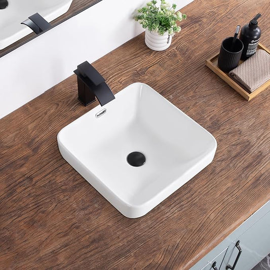 Bathroom Vessel Sink 16.6" X 16.6" Semi Recessed Bathroom Sink Square Drop In Bathroom Sinks with Overflow White Ceramic Vessel Sinks for Bathroom Modern Above Counter Basin Vanity Sink