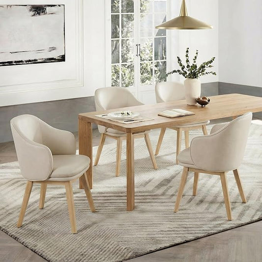 KISLOT Wooden Dining Chairs Set of 4, Faux Leather Upholstered Modern Dining Room Chairs with Barrel Backrest & Double-Layer Thick Cushion for Living Room, Restaurant, Kitchen and Café, Beige, 2 Boxs