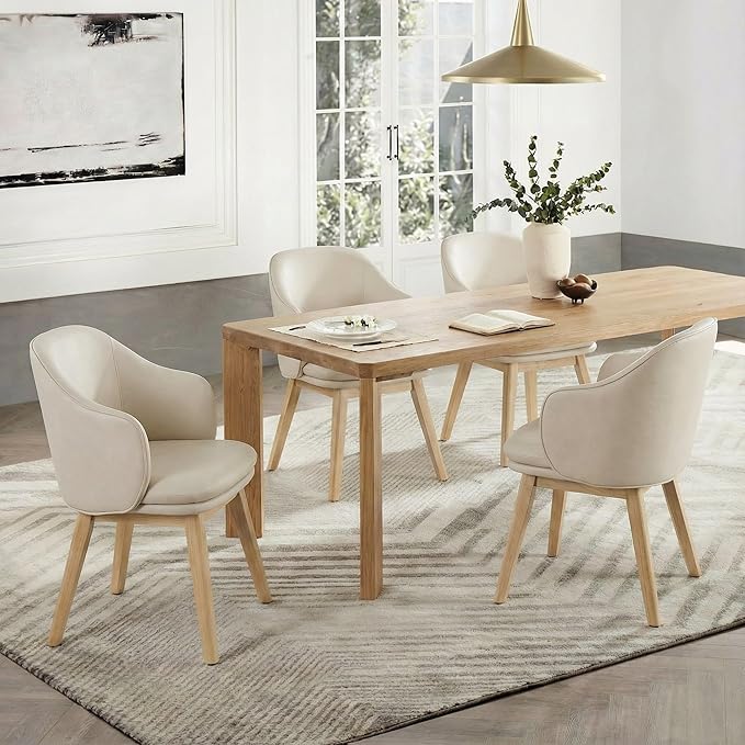 KISLOT Wooden Dining Chairs Set of 2, Faux Leather Upholstered Modern Dining Room Chairs with Barrel Backrest & Double-Layer Thick Cushion for Living Room, Restaurant, Kitchen and Café, Beige