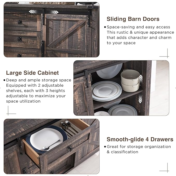 T4TREAM Farmhouse Sideboard Buffet Cabinet with Storage, 60" Large Kitchen Cabinet w/Sliding Barn Doors and 4 Drawers, 31.2'' Tall Rustic Wood Coffee Bar Table for Dining Room, Dark Rustic Oak